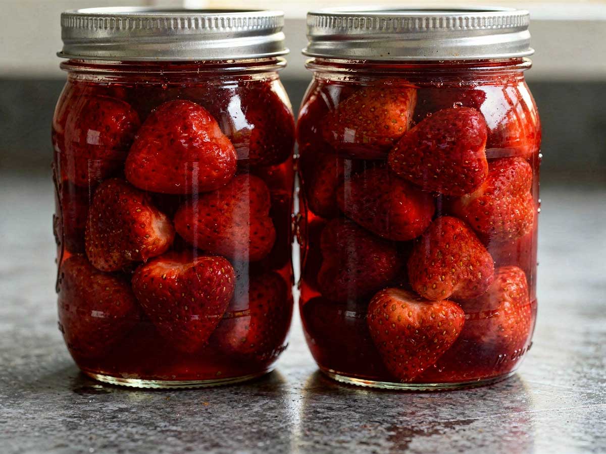 Twee inmaakpotten met ingemaakte aardbeien.