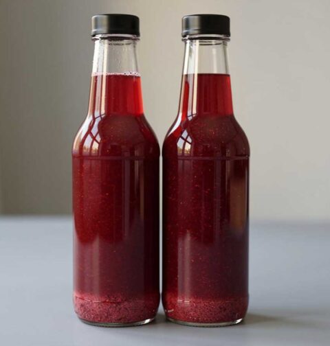 2 kleine flesjes met zelfgemaakt aardbeiensap.