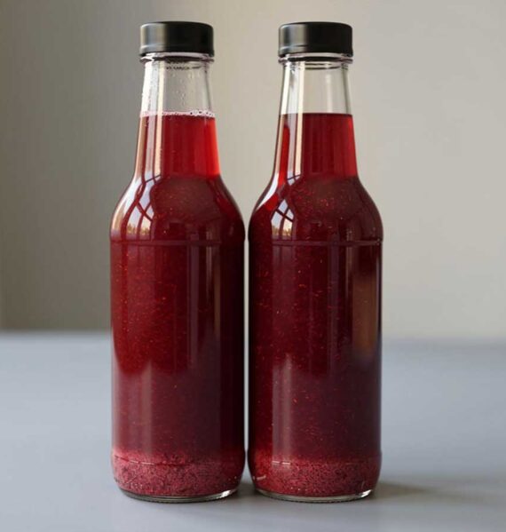 2 kleine flesjes met zelfgemaakt aardbeiensap.