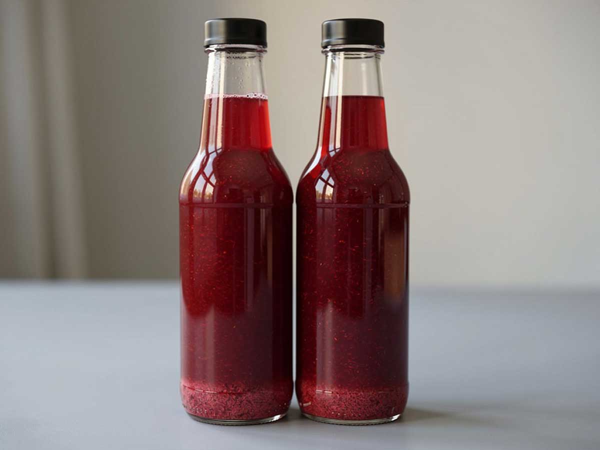 2 kleine flesjes met zelfgemaakt aardbeiensap.