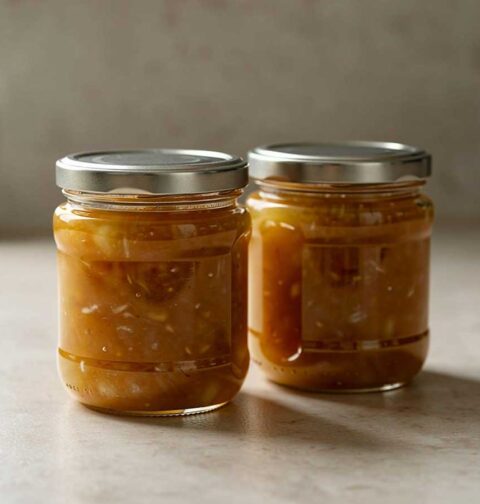 Twee jampotten met zelfgemaakte appel-rozemarijn jam.