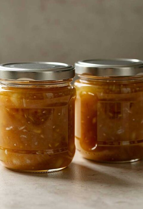 Twee jampotten met zelfgemaakte appel-rozemarijn jam.