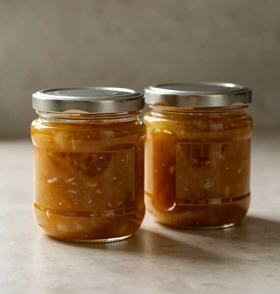 Twee jampotten met zelfgemaakte appel-rozemarijn jam.