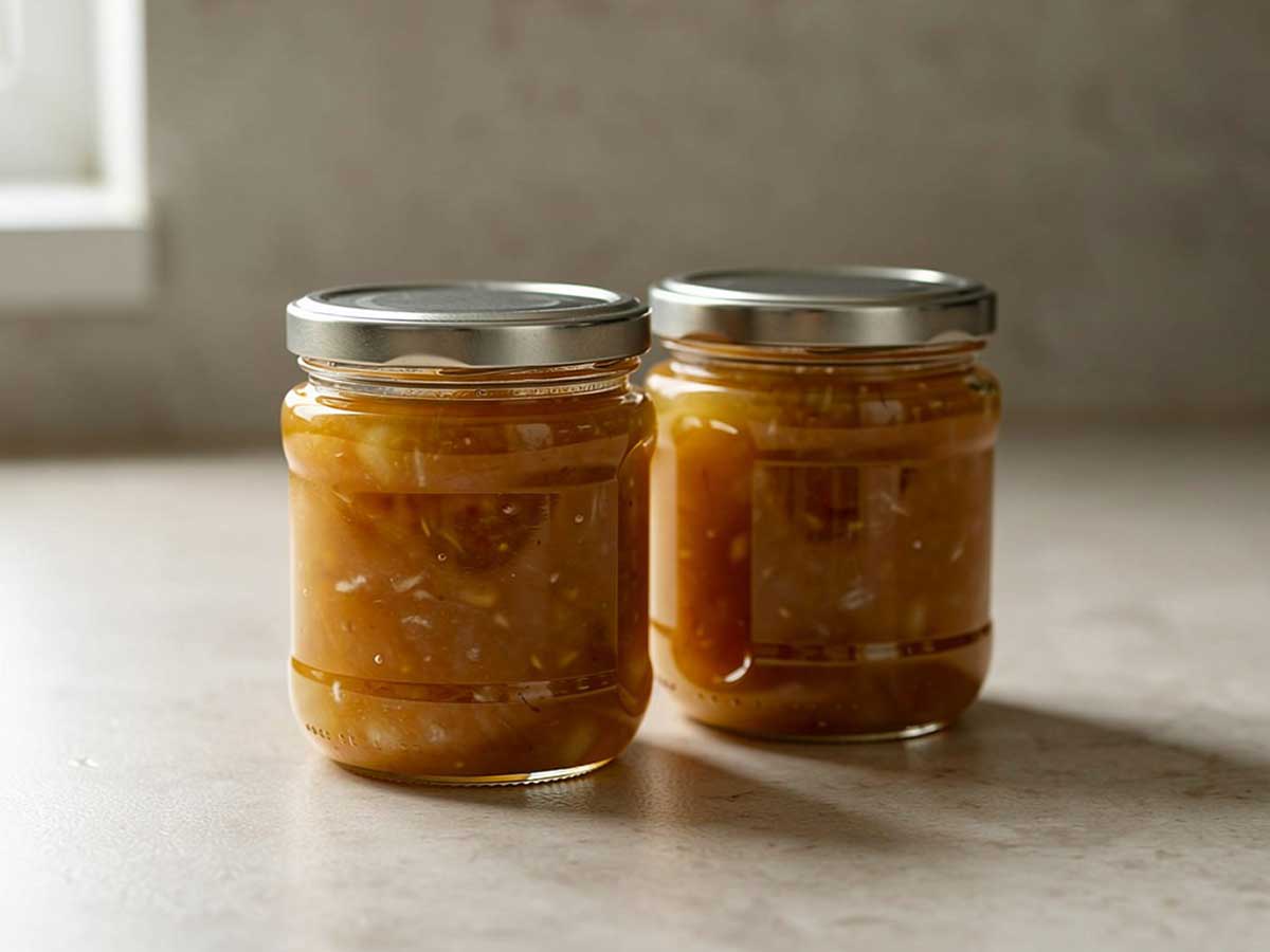 Twee jampotten met zelfgemaakte appel-rozemarijn jam.