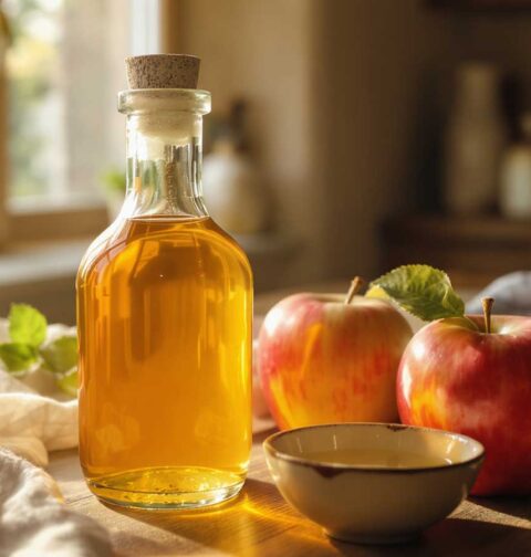 Een fles met zelfgemaakte appelazijn, naast twee overgebleven appels.