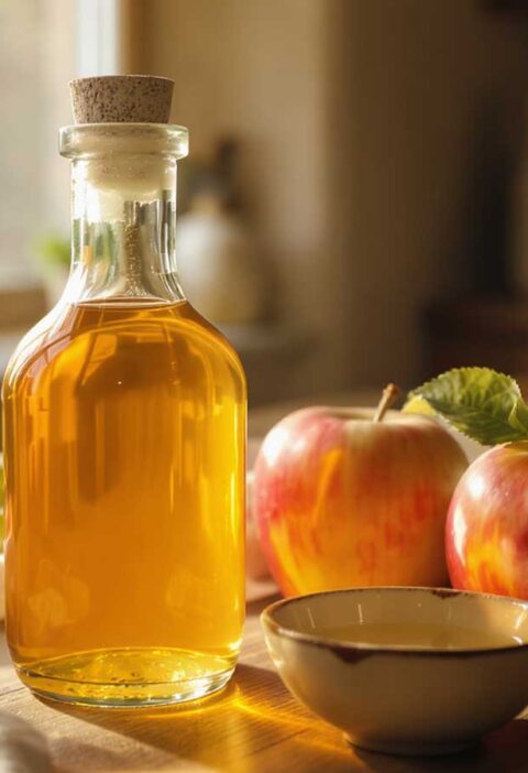 Een fles met zelfgemaakte appelazijn, naast twee overgebleven appels.