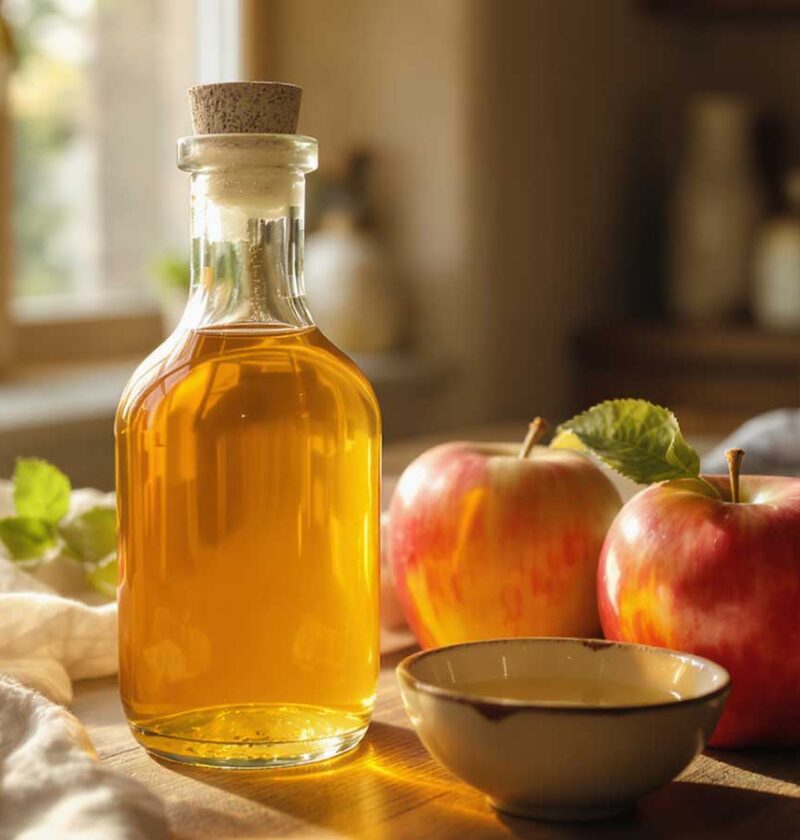 Een fles met zelfgemaakte appelazijn, naast twee overgebleven appels.