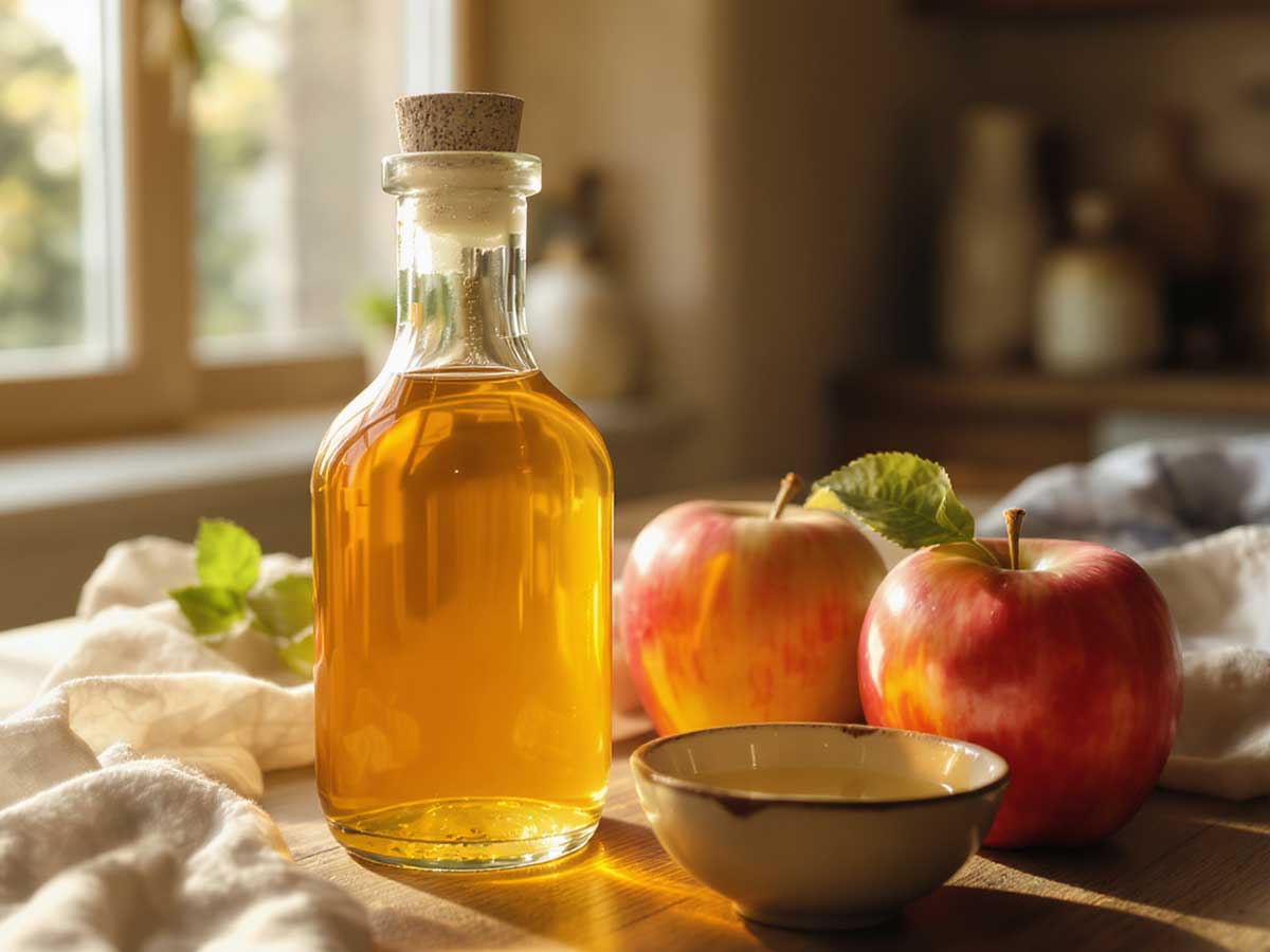 Een fles met zelfgemaakte appelazijn, naast twee overgebleven appels.