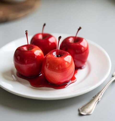 4 gekonfijte appel op een bord.