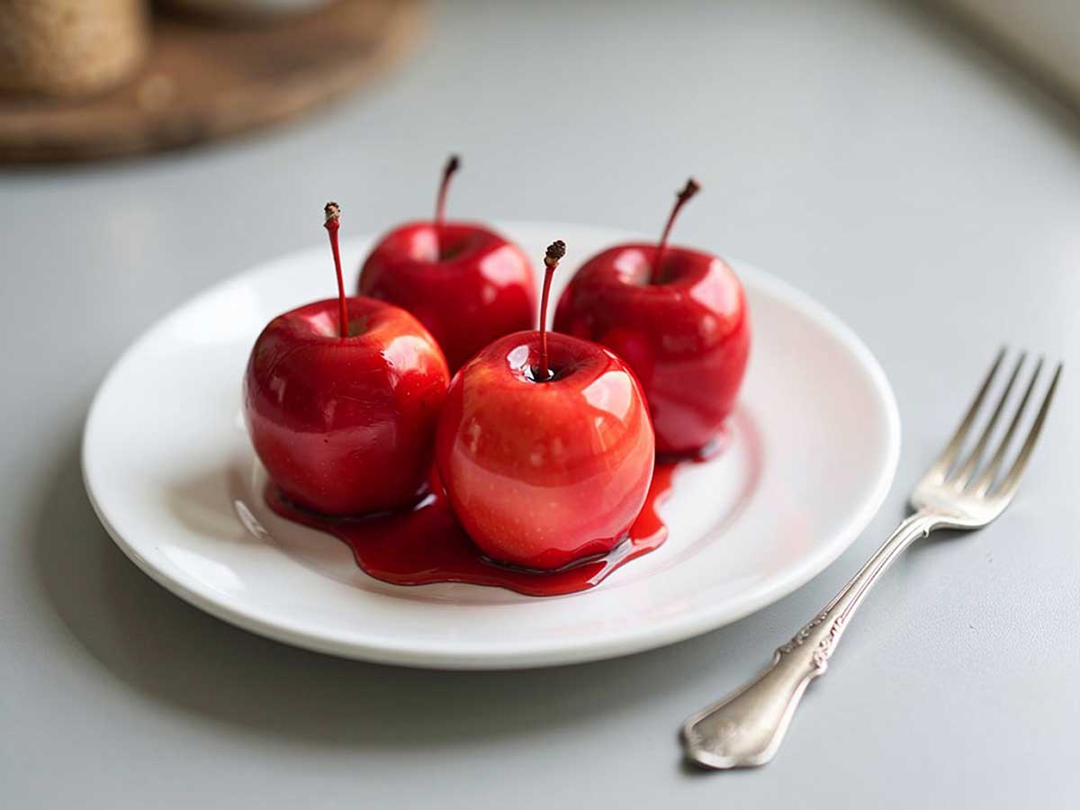 4 gekonfijte appel op een bord.
