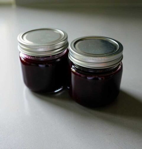 Twee jampotten met blauwe druivenjam (zelfgemaakt).