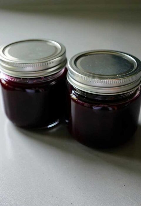 Twee jampotten met blauwe druivenjam (zelfgemaakt).