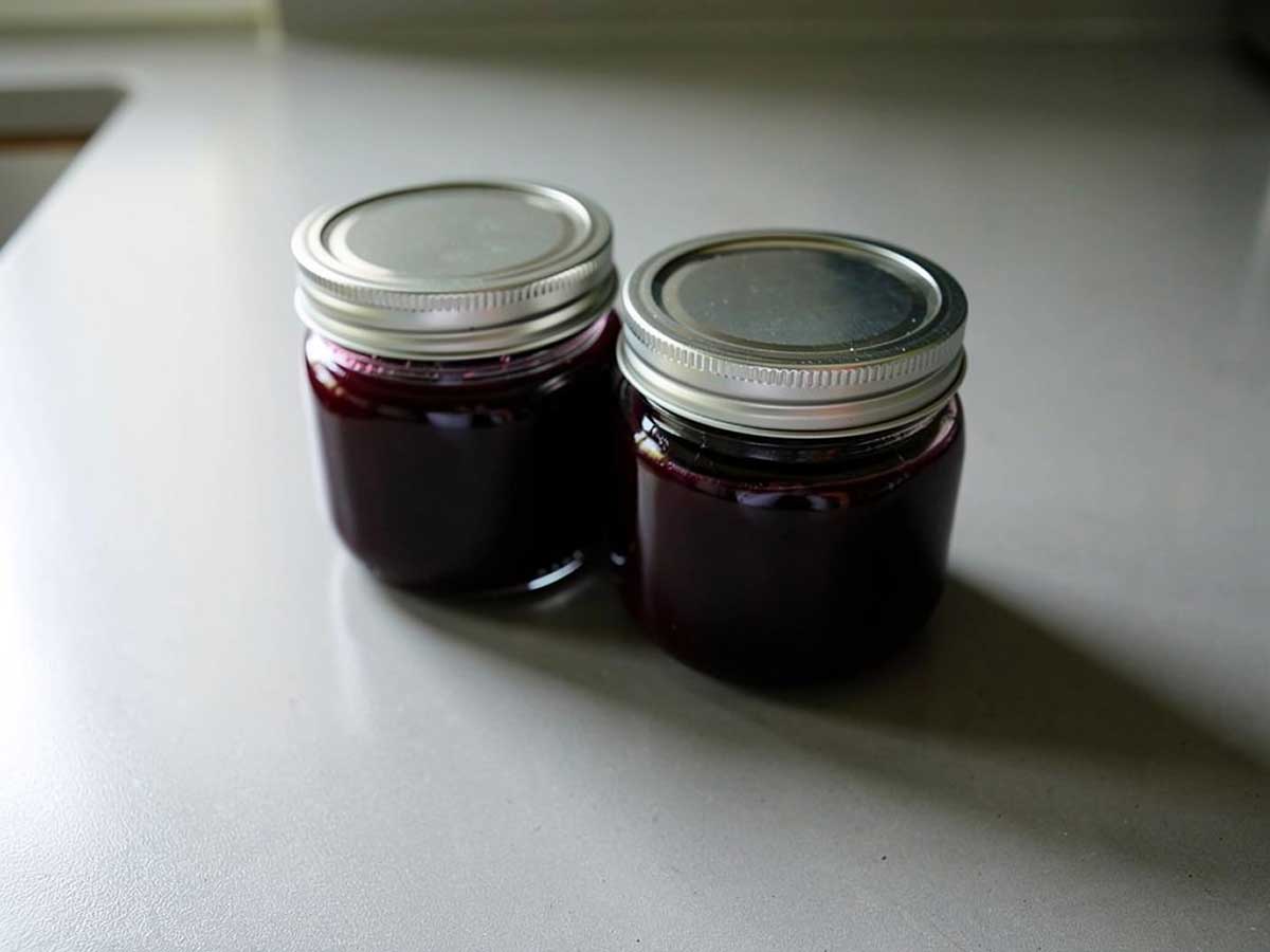 Twee jampotten met blauwe druivenjam (zelfgemaakt).