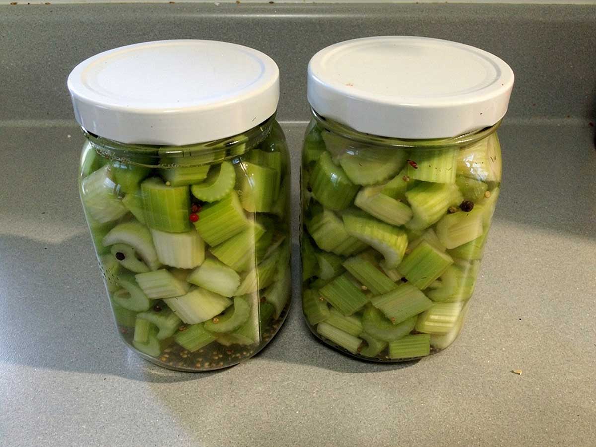 Twee grote inmaakpotten met daarin ingemaakte stukjes bleekselderij.