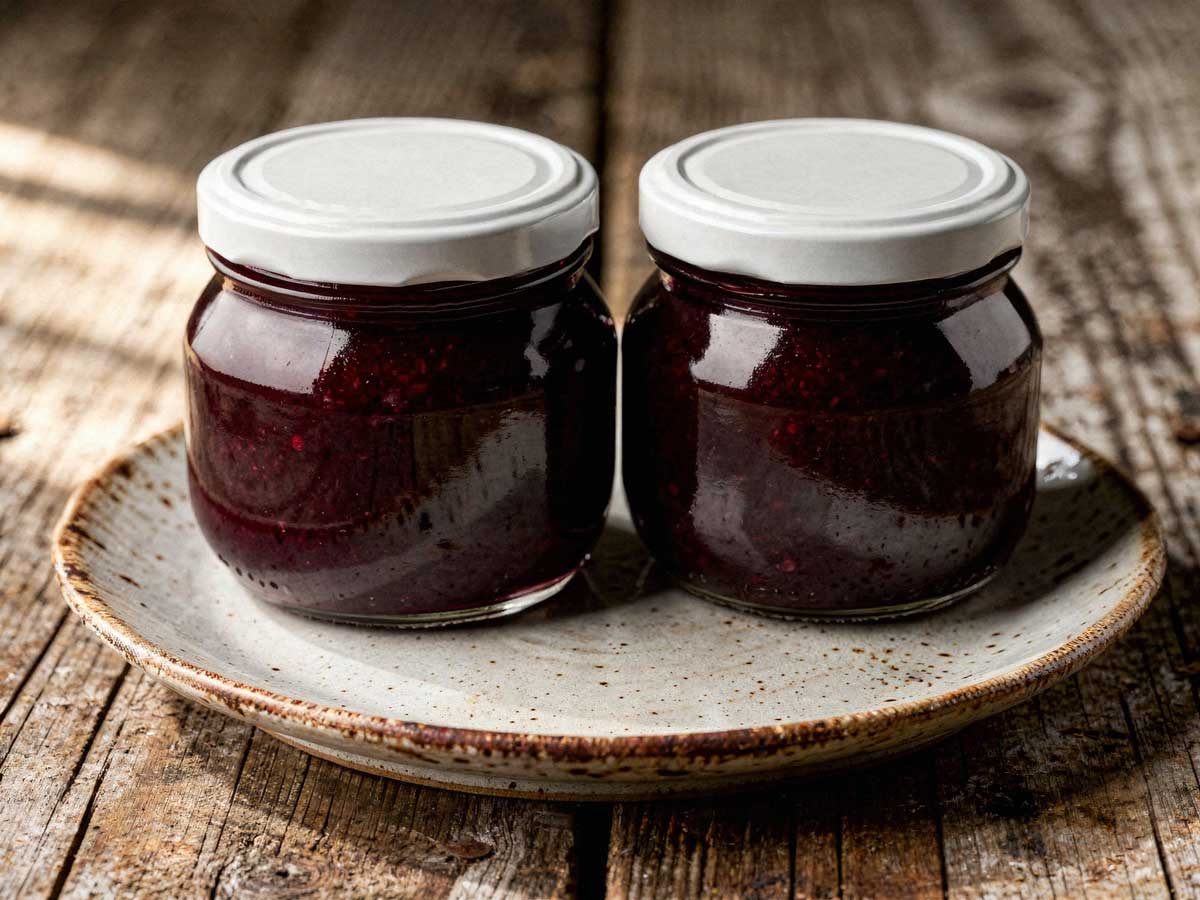 Twee glazen potten met witte deksels vol donkere, zelfgemaakte bramenjam.