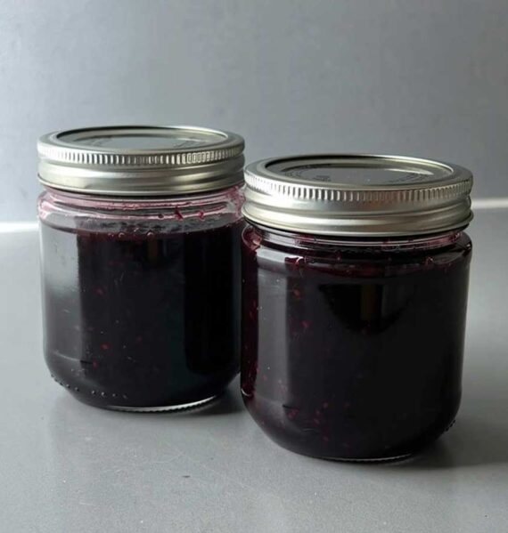 Twee jampotten met daarin zelfgemaakte bramenjam, maar dan zonder toegevoegde suikers.