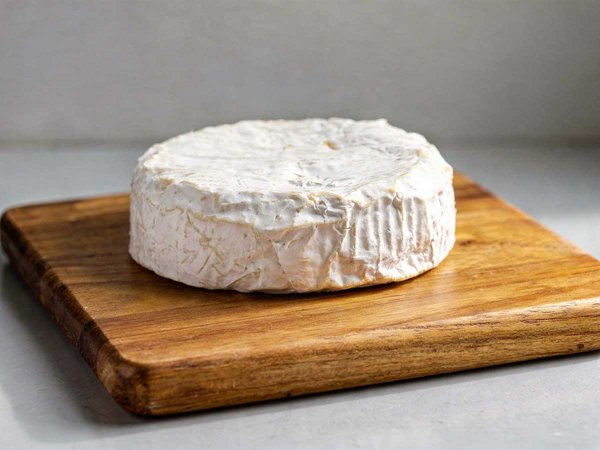 Een hele camembert op een houten snijplank.