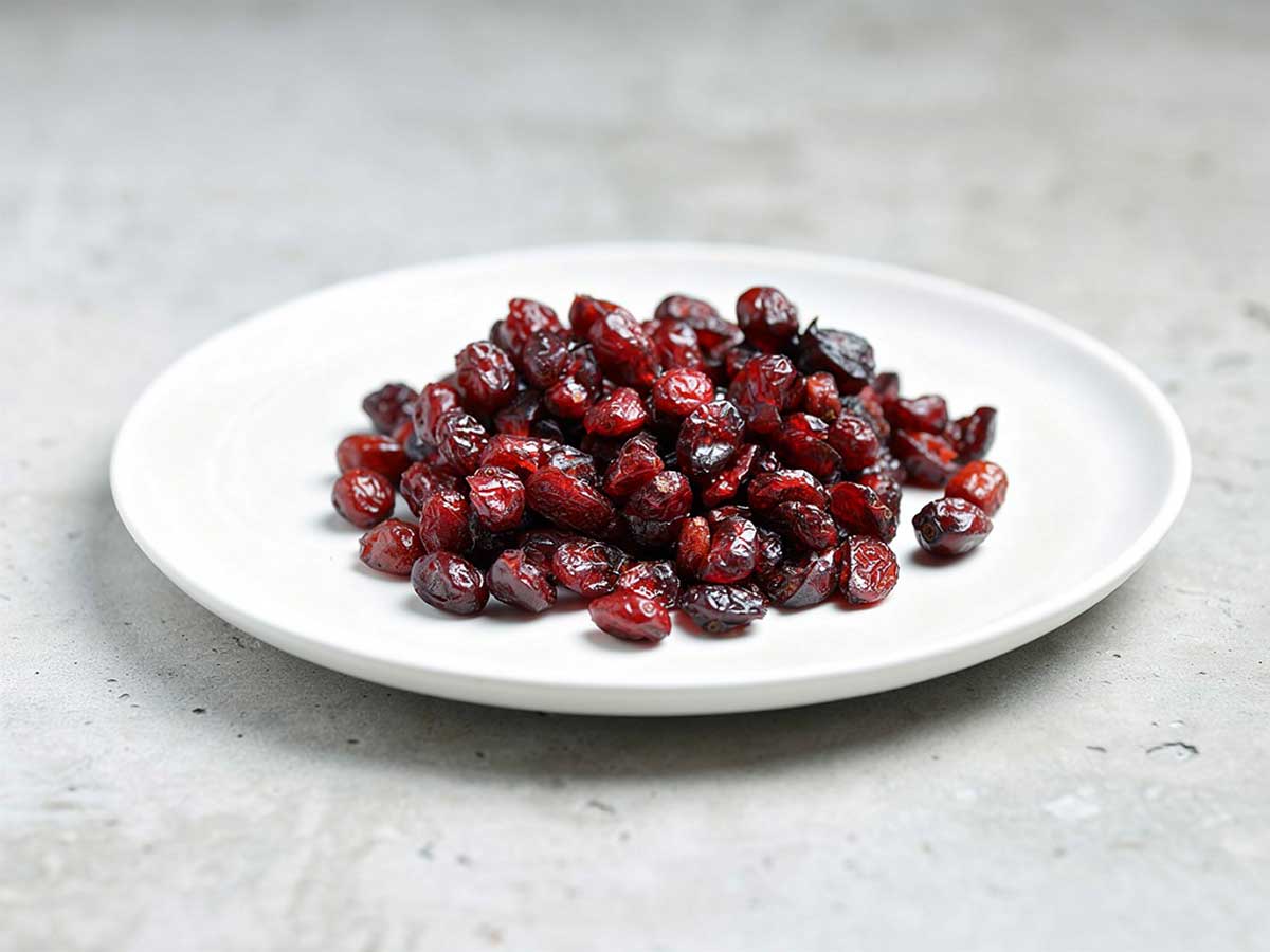 Een bord met daarop gedroogde carnberries.