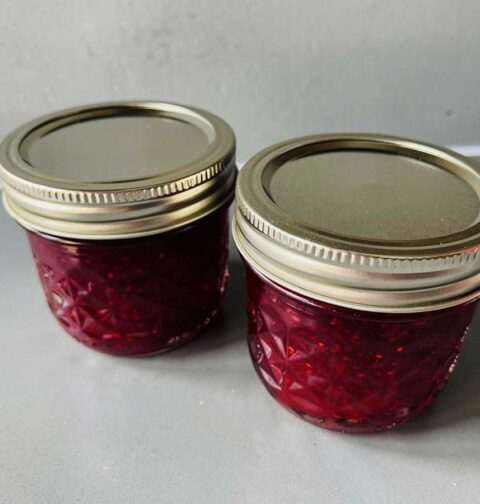 2 jampotjes met daarin zelfgemaakte cranberryjam.
