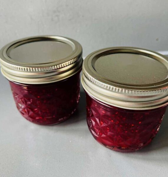 2 jampotjes met daarin zelfgemaakte cranberryjam.