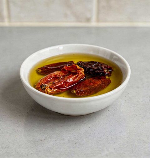 Een schaaltje met gedroogde tomaten in olijfolie.