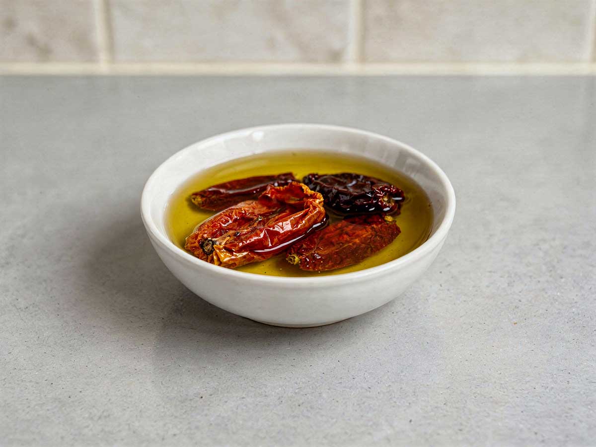 Een schaaltje met gedroogde tomaten in olijfolie.