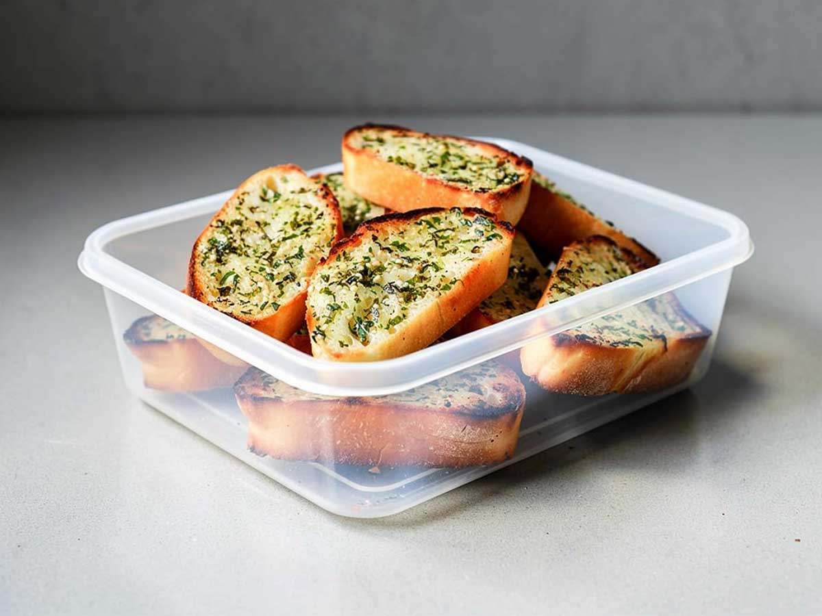 Een plastic bakje met daarin verschillende plakken zelfgemaakt en gedroogd knoflookbrood.