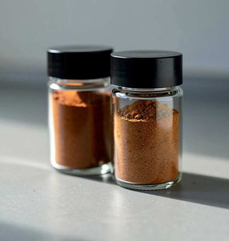 Twee kruidenpotjes vol met zelfgemaakte köfte kruidenmix.