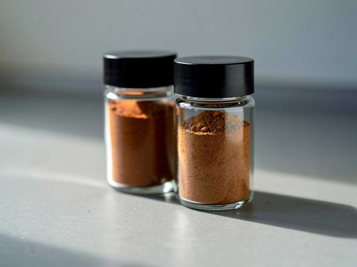 Twee kruidenpotjes vol met zelfgemaakte köfte kruidenmix.