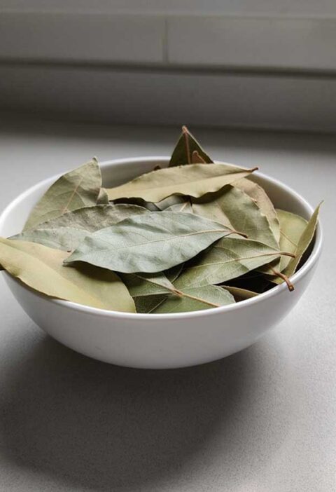 Een wit schaaltje met daarin zelf gedroogde laurierbladeren.