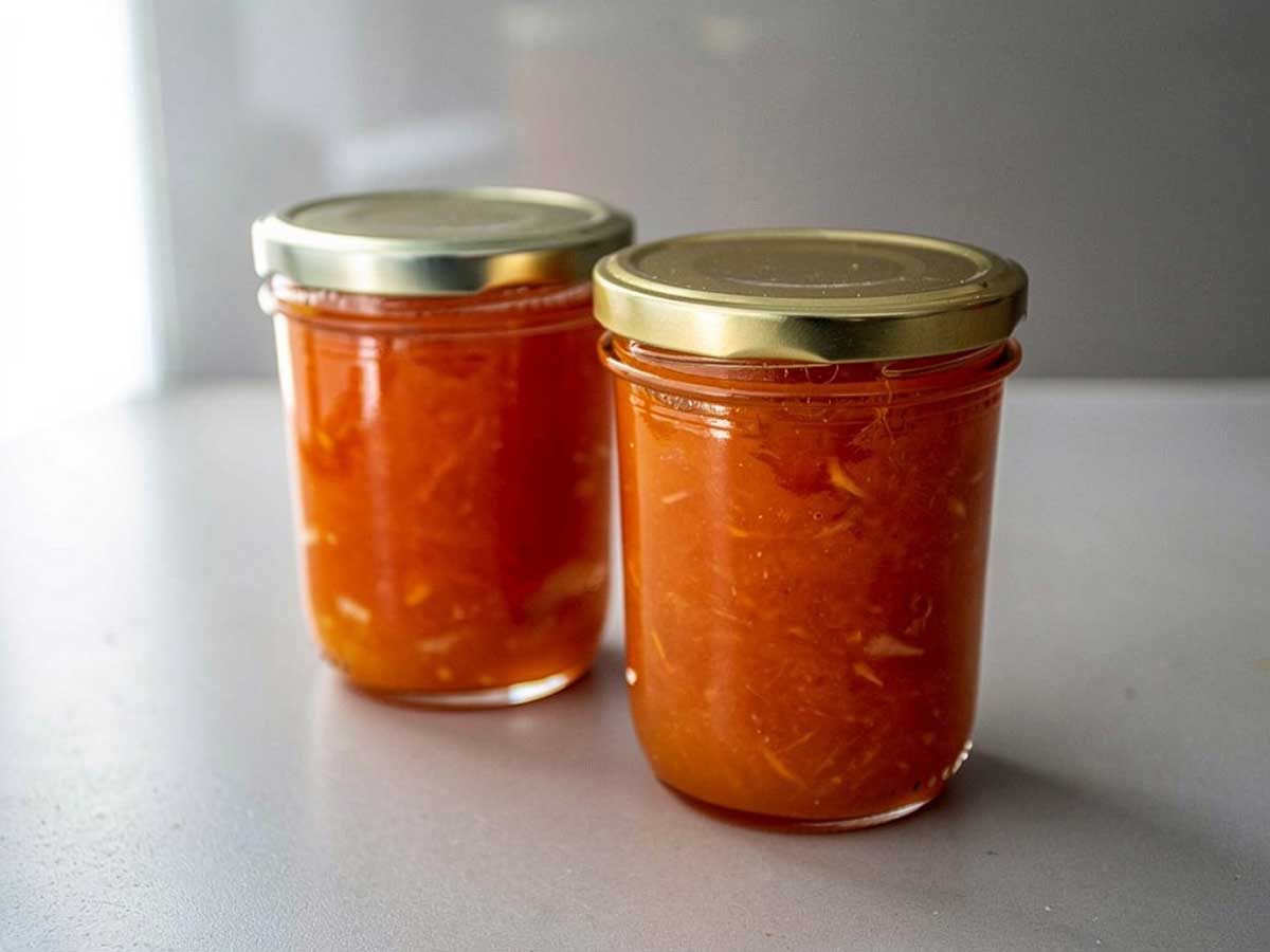 Twee jampotten met overheerlijke zelfgemaakte nectarine jam.