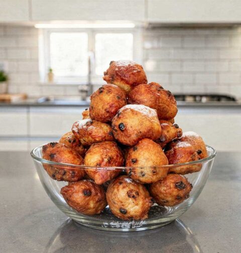 Een schaal vol met oliebollen.