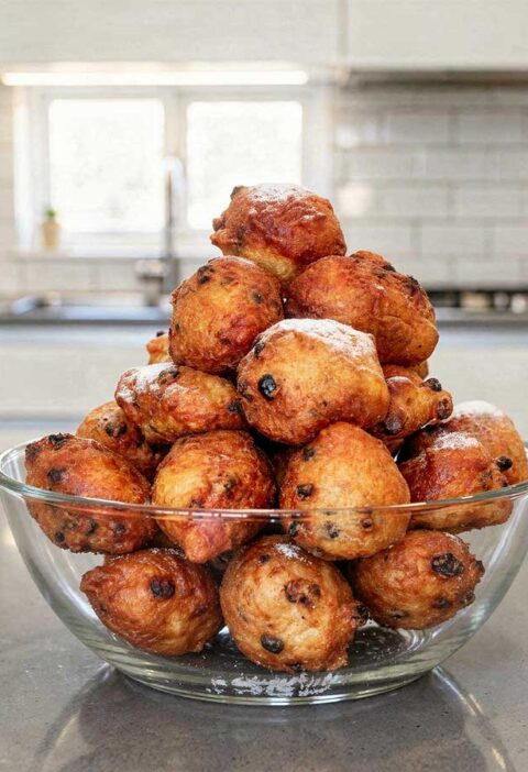 Een schaal vol met oliebollen.