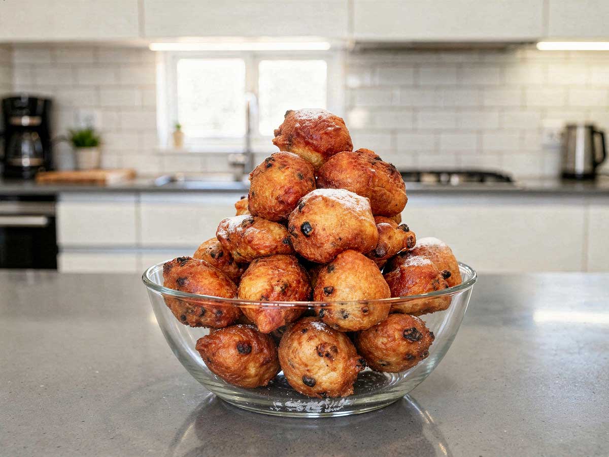 Een schaal vol met oliebollen.