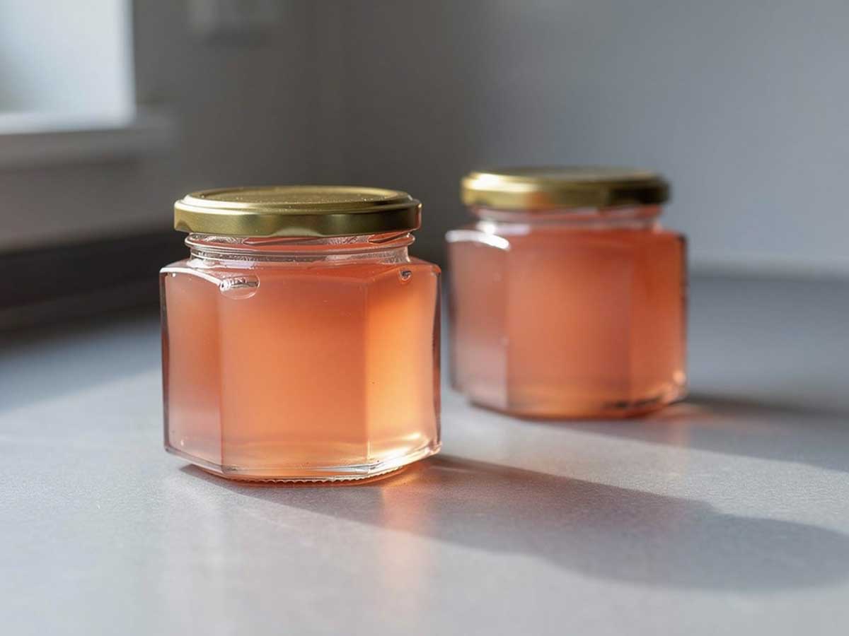 Twee jampotten met daarin pompelmoesgelei, zelfgemaakt.