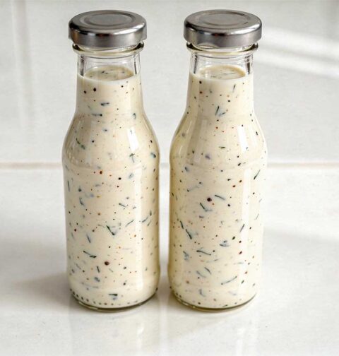 Twee flesjes emt daarin zelfgemaakte ranch dressing.