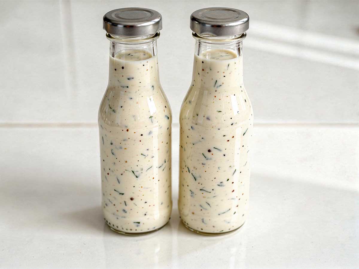 Twee flesjes emt daarin zelfgemaakte ranch dressing.