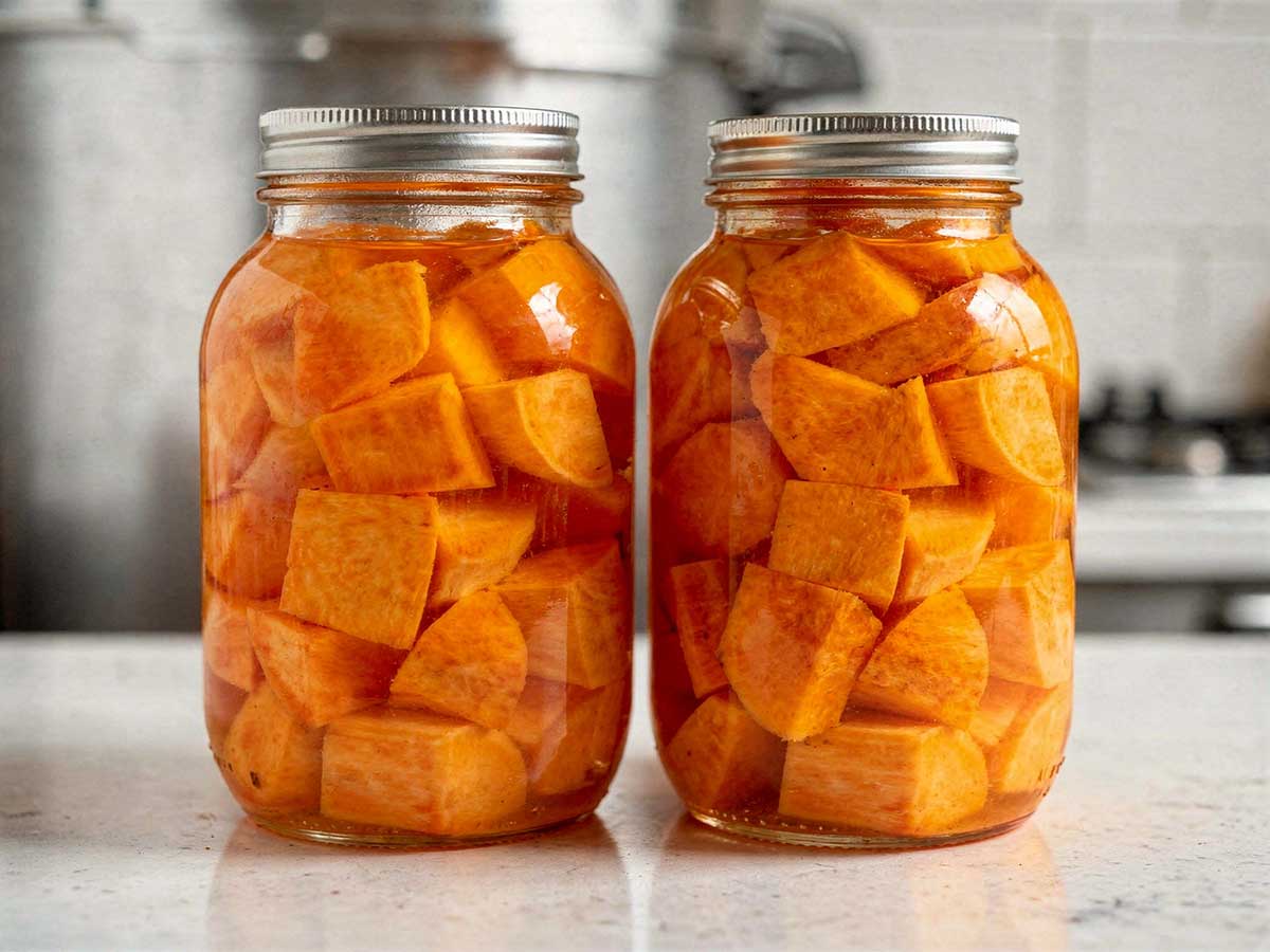 Twee weckpotten met daarin stukken geweckte zoete aardappel.