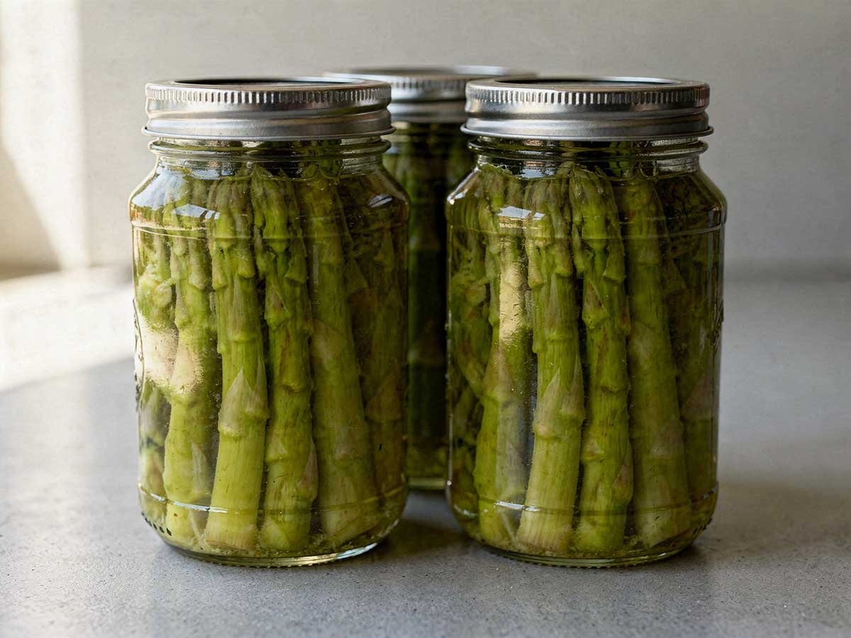 3 weckpotten met schroefdeksel, met daarin geweckte groene asperges.