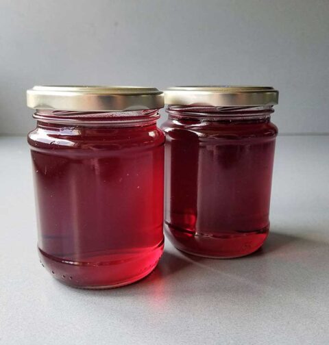 2 gesloten jampotten met zelfgemaakte frambozengelei.