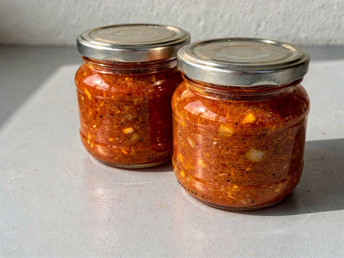 2 grote inmaakpotten met daarin mandarijn tomaten chutney.