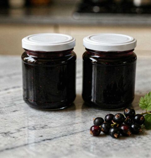 Twee glazen jampotten met witte deksels gevuld met zwarte bessenjam op een marmeren aanrecht