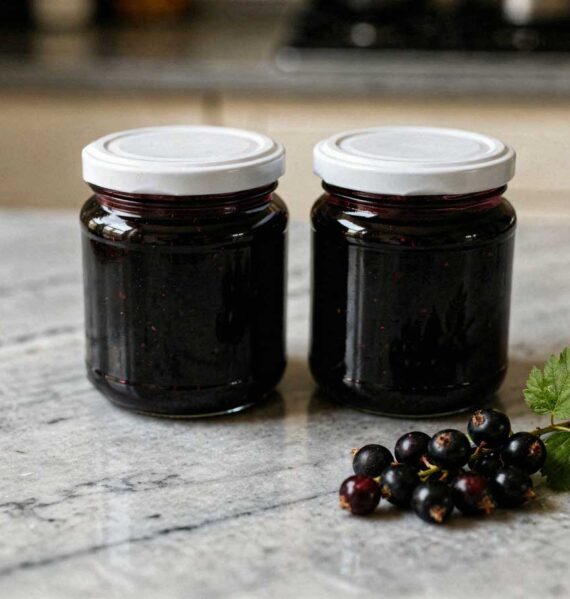 Twee glazen jampotten met witte deksels gevuld met zwarte bessenjam op een marmeren aanrecht