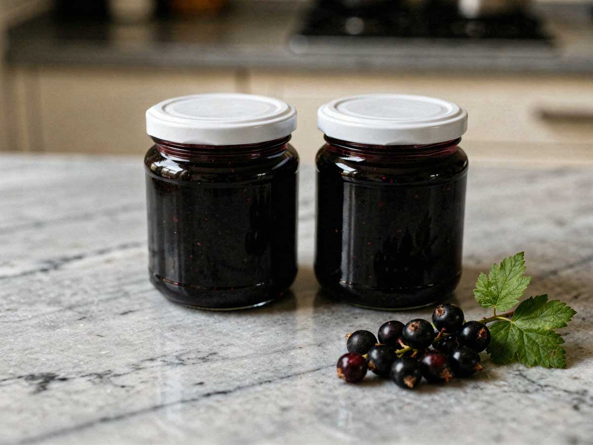 Twee glazen jampotten met witte deksels gevuld met zwarte bessenjam op een marmeren aanrecht