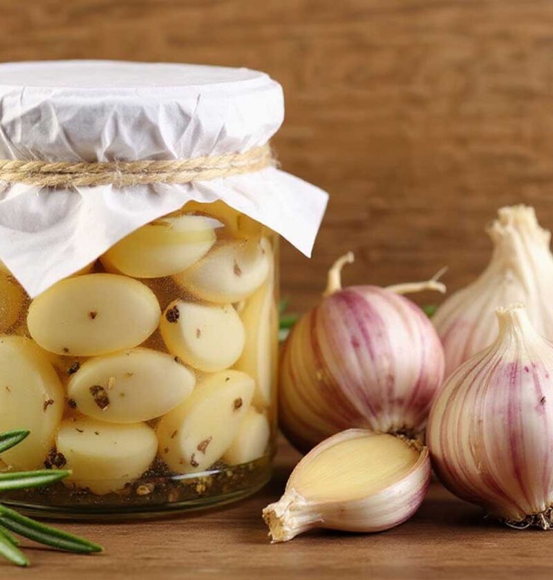1 potje ingemaakte knoflook, naast verse knoflook.