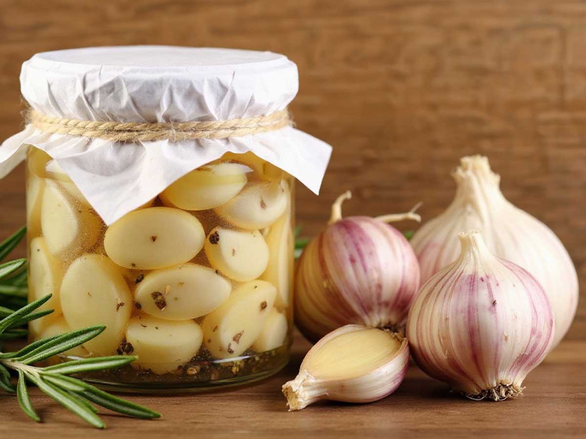 1 potje ingemaakte knoflook, naast verse knoflook.