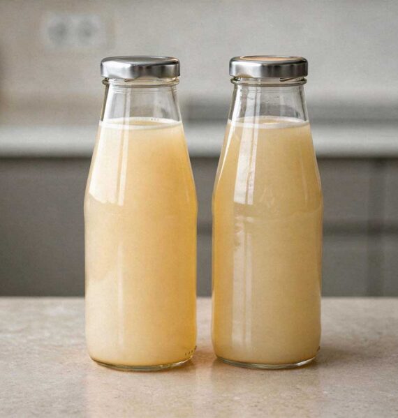 Twee glazen flessen met vers gemaakt, troebel perensap op een houten aanrecht.