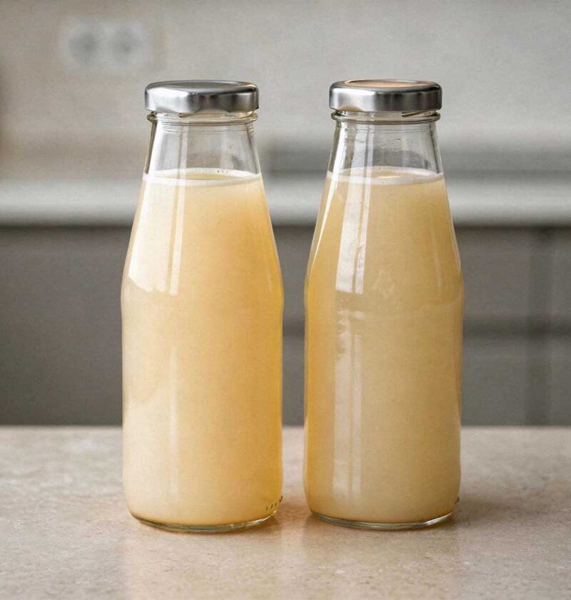 Twee glazen flessen met vers gemaakt, troebel perensap op een houten aanrecht.