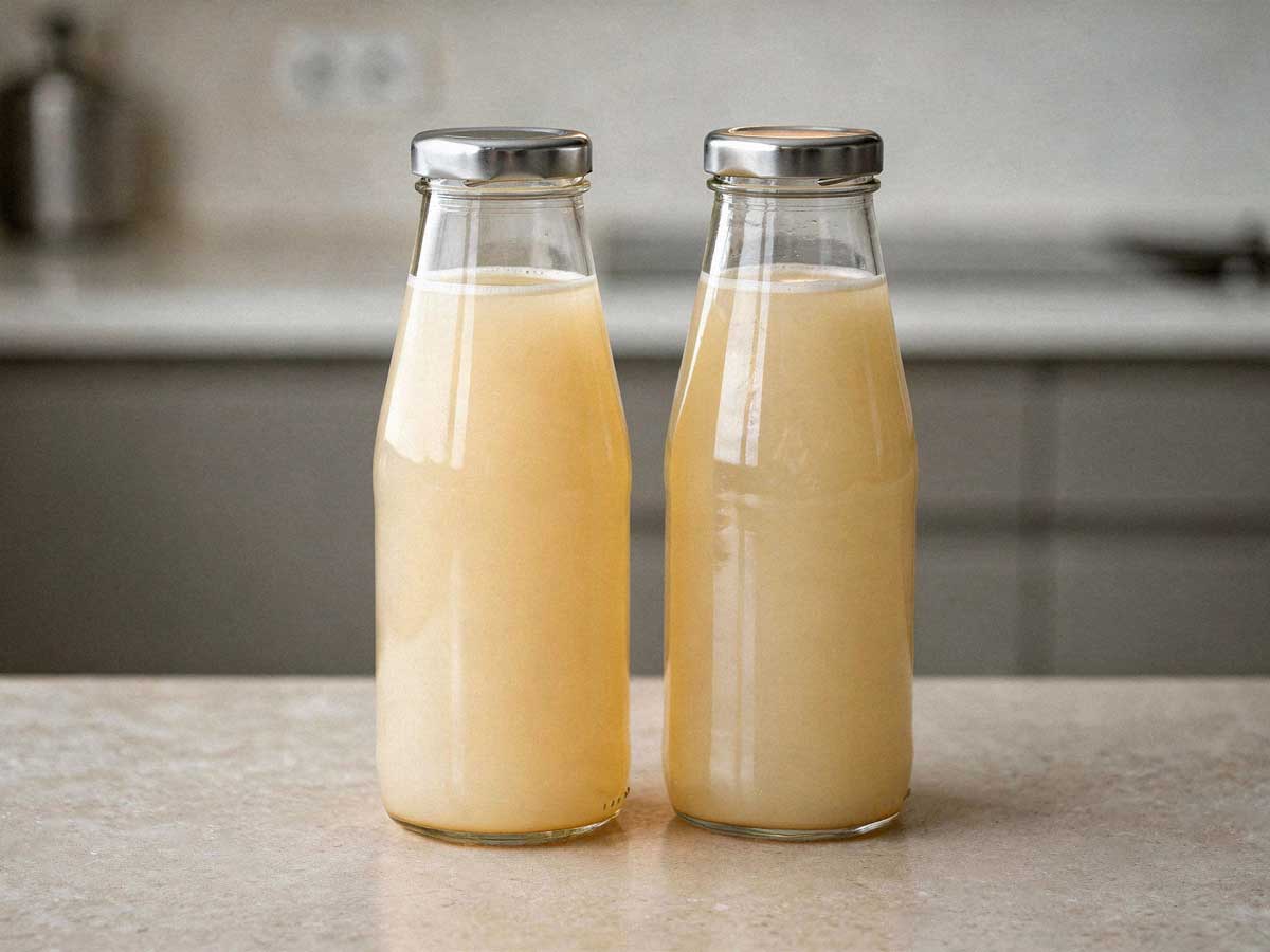 Twee glazen flessen met vers gemaakt, troebel perensap op een houten aanrecht.