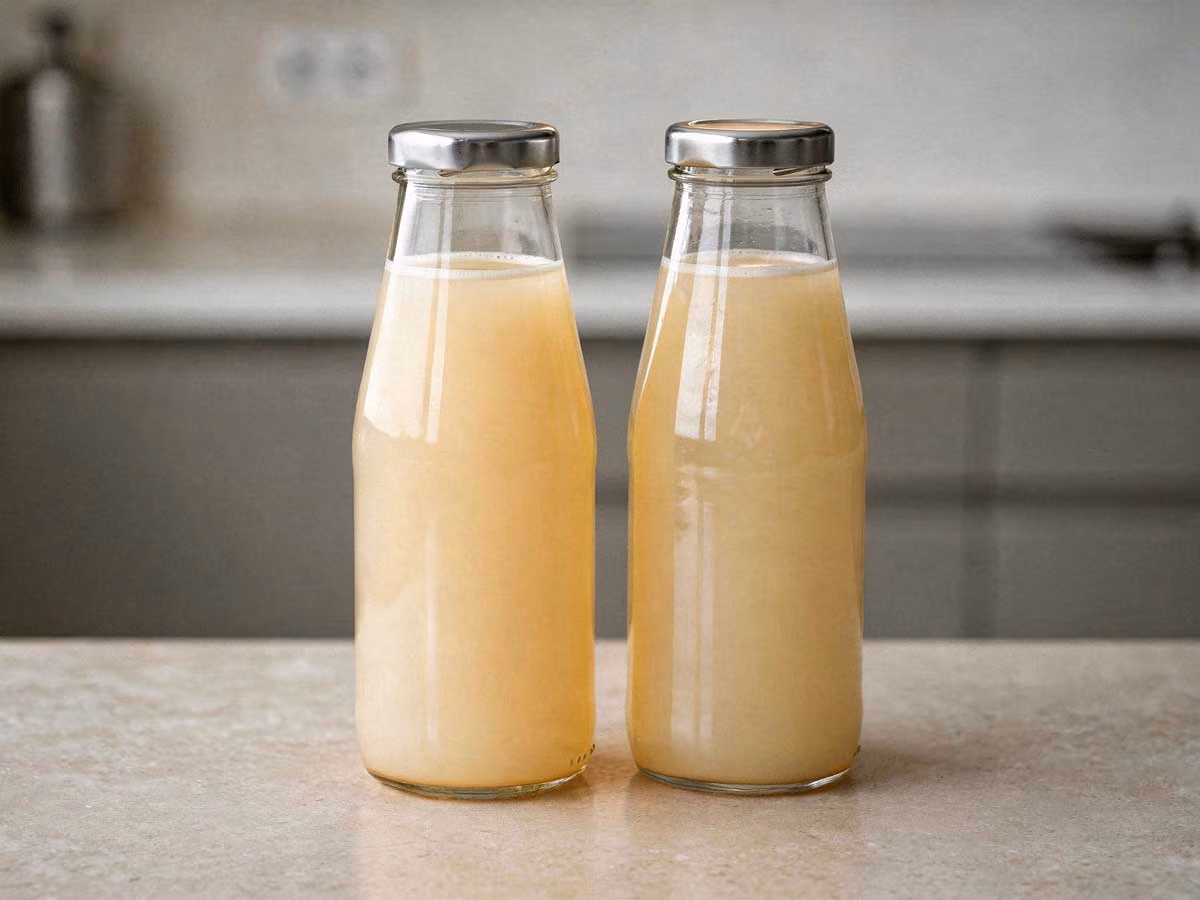 Twee glazen flessen met vers gemaakt, troebel perensap op een houten aanrecht.